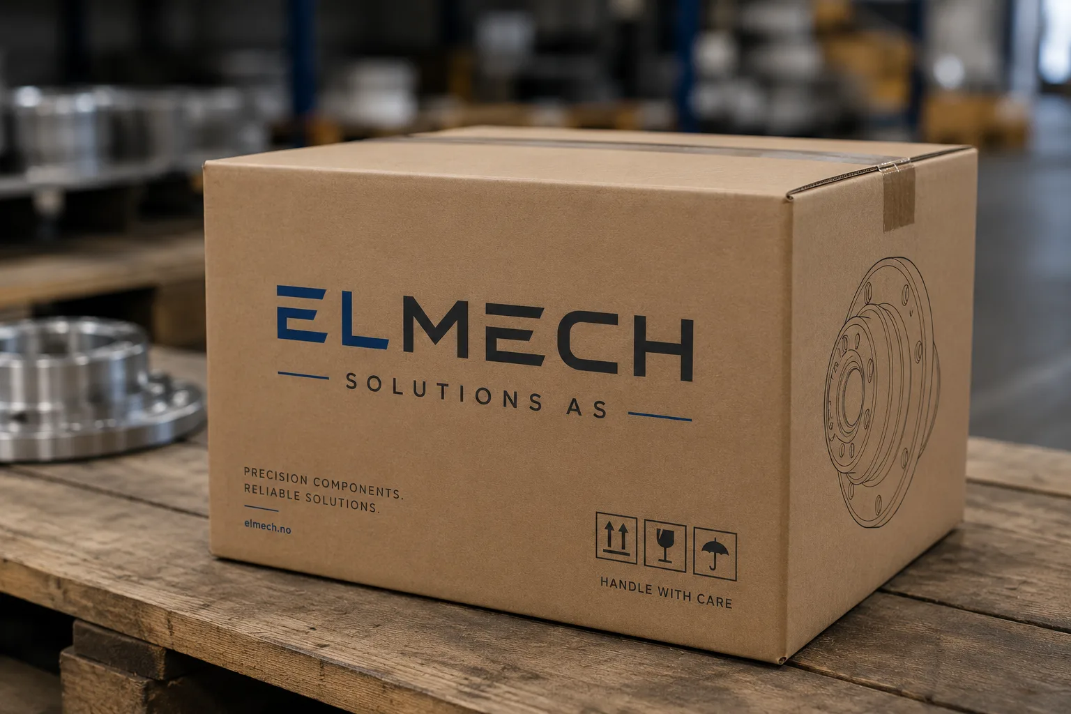 Brun pappeske med stort ELMECH SOLUTIONS AS-logo og 'Precision components, Reliable solutions'-undertittel, plassert på trepall i lager
