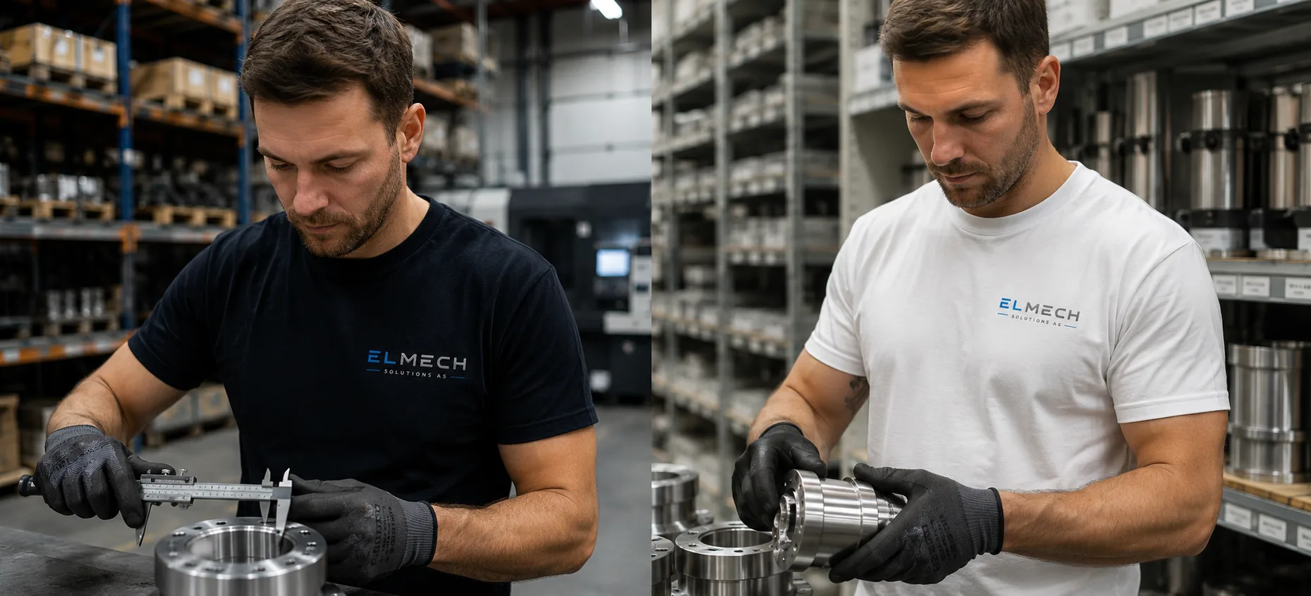 To tilsette i mørk og lys T-skjorte med ELMECH-logo, fotograferte i industrimiljø medan dei held metallkomponentar