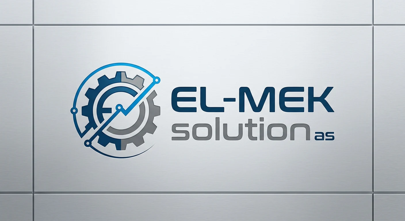 Tidleg utkast: 'EL-MEK solution as' med stilisert gir og kretslinjer som dannar ein pil framover, mot lys grå industriell bakgrunn
