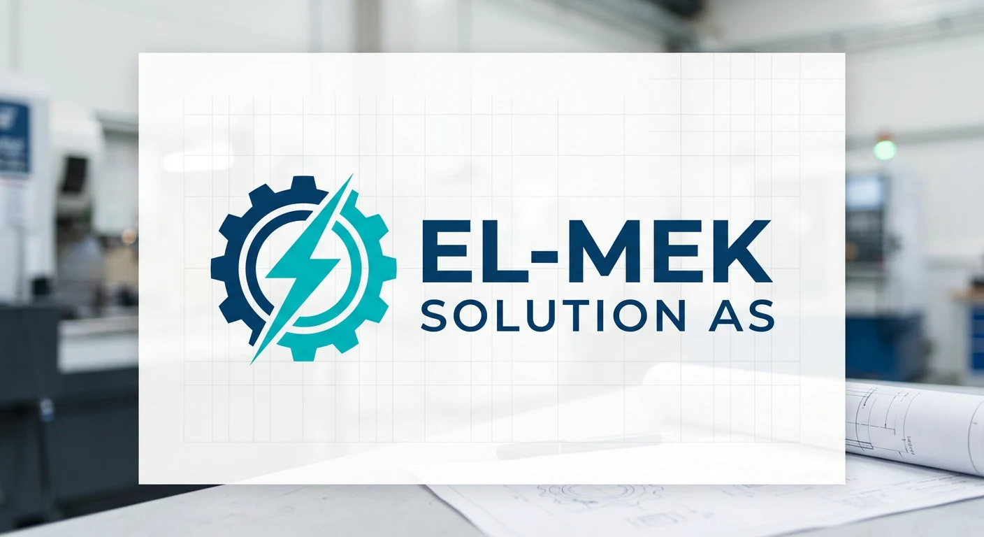 Tidleg utkast: 'EL-MEK SOLUTION AS' med gir og lyn-ikon, vist på kvit plate i industri-verkstad