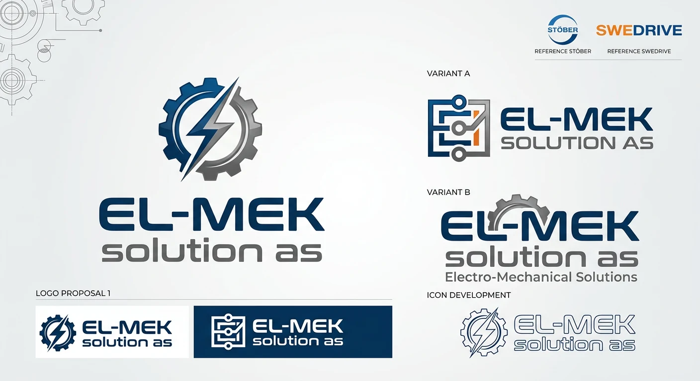 Multi-panel presentasjonsark for tidlege EL-MEK-logoforslag: hovudforslag, to variantar (A og B), ikon-utvikling, og referanse til Swedrive